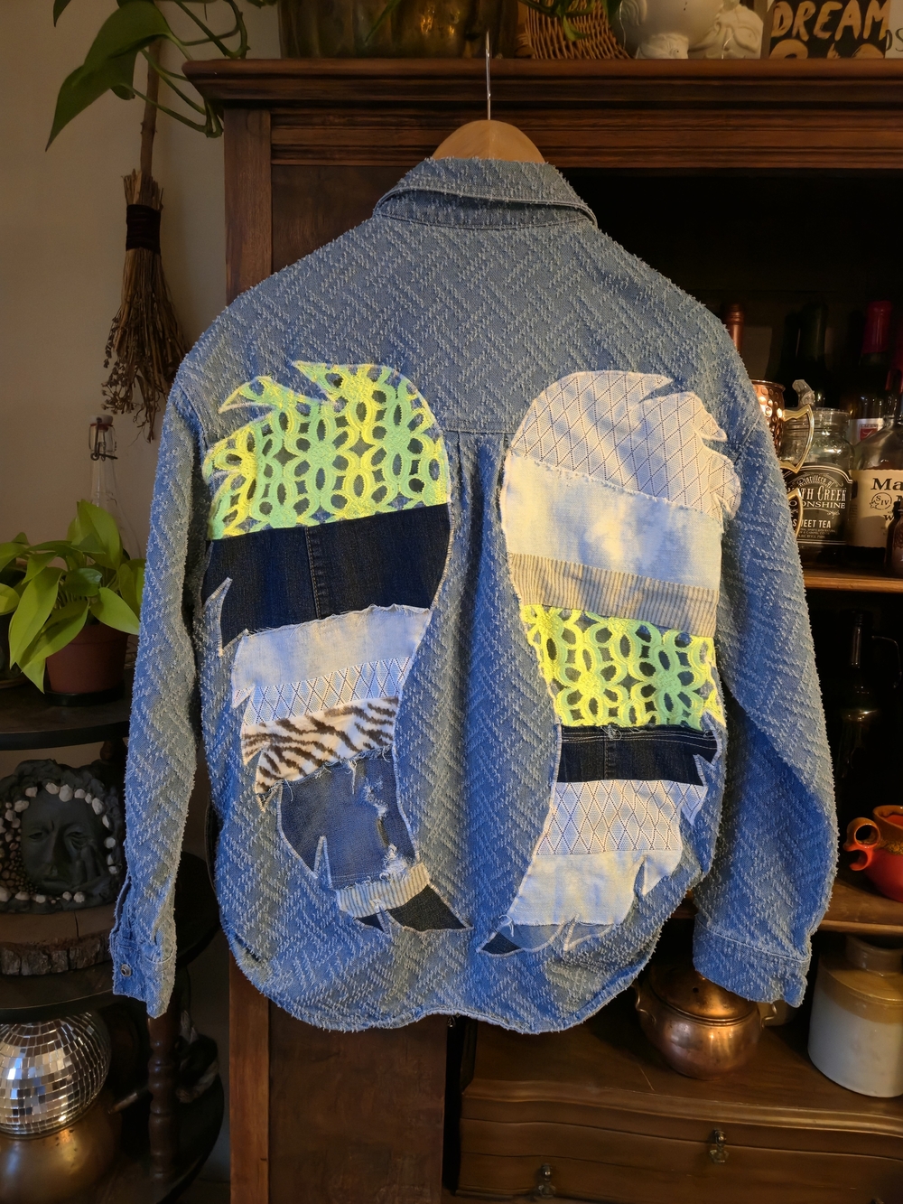 Reworked Upcycled Denim Jacket with Neon Patchwork Wings, XLARGE